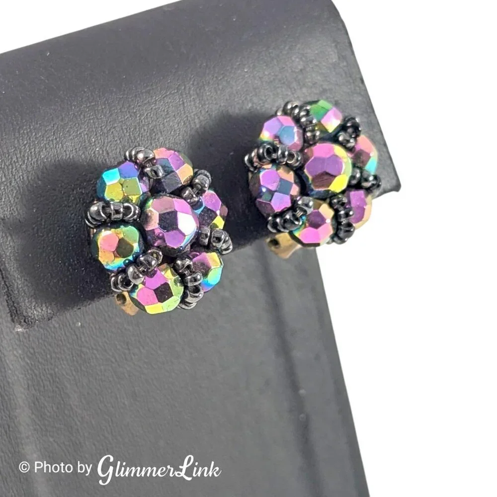 Signed Austria Vintage AB Purple Black Beaded Cluster Clip On Earrings